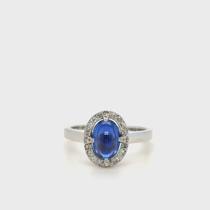 2.90 Carat Ceylon Cabochon Sapphire & Diamond Ring 18k White Gold
