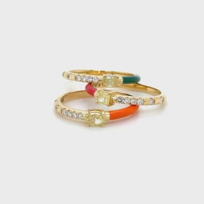 Red Enamel & Yellow diamond Stackable Ring 18K Yellow Gold