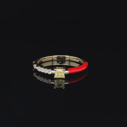 Red Enamel & Yellow diamond Stackable Ring 18K Yellow Gold