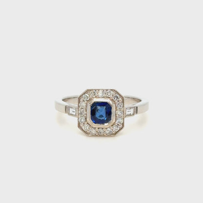 Art Deco Inspired Sapphire & Diamond Cluster Ring in 18K White Gold
