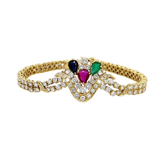 Multicolour Emerald, Ruby, Sapphire & diamond Cluster Bracelet 18K Yellow Gold