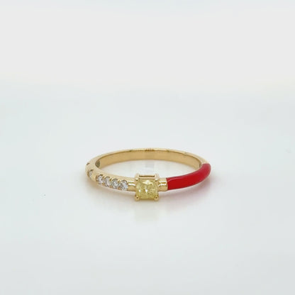 Red Enamel & Yellow diamond Stackable Ring 18K Yellow Gold