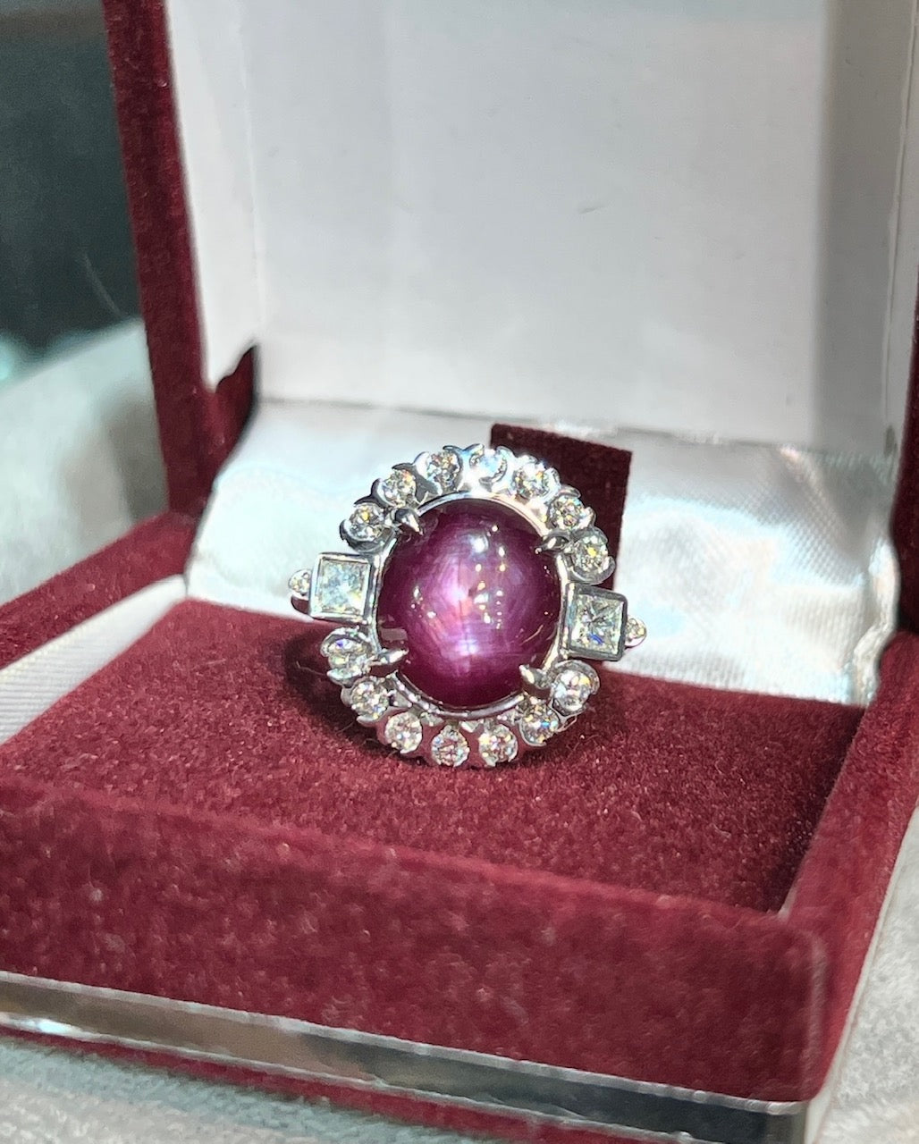 Natural Star Ruby Ring 8.64ct In 18K White Gold