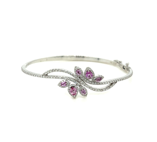 Pink Flower Sapphire & Diamond Bracelet/Bangle 18K White Gold