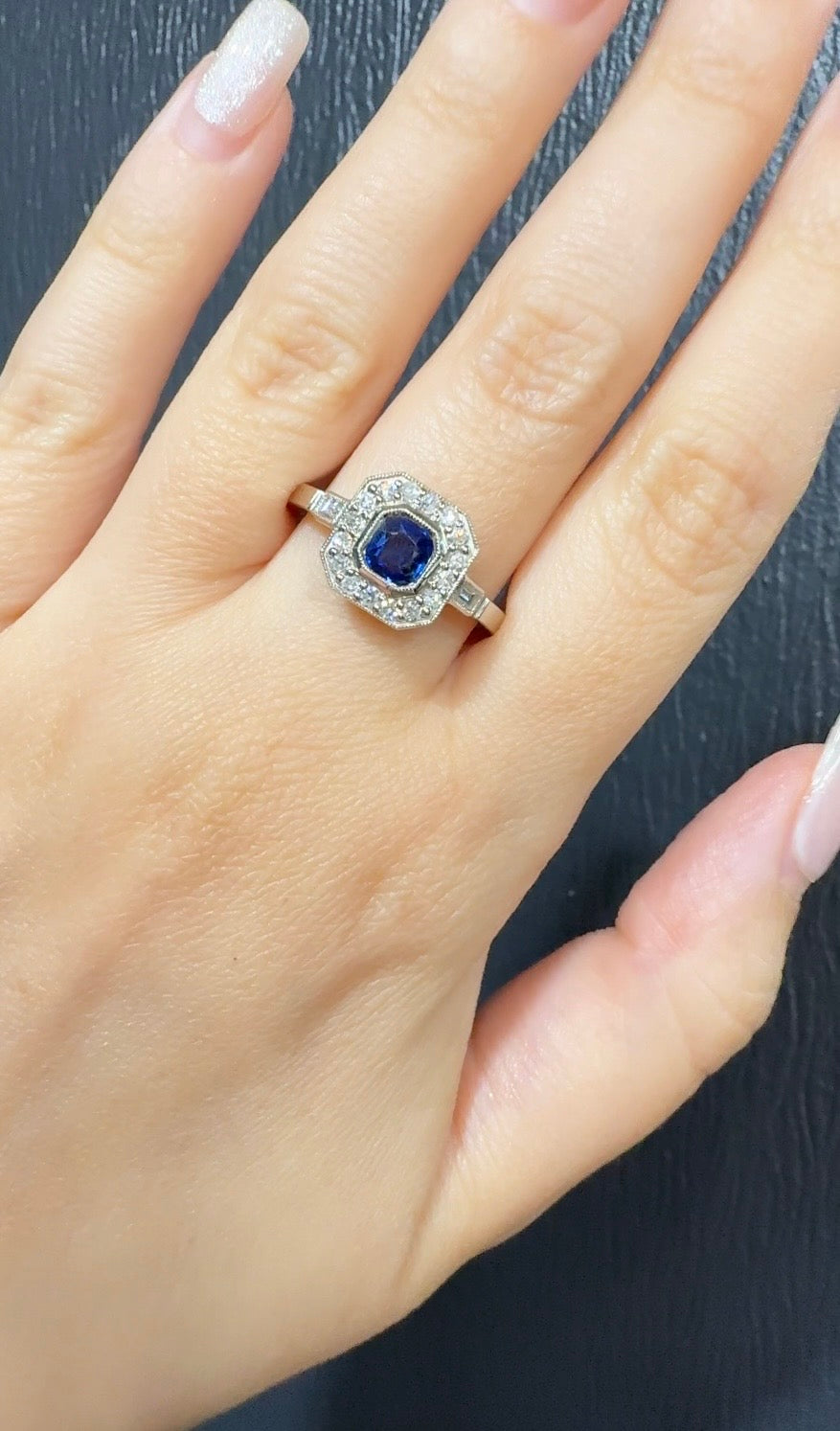 Art Deco Inspired Sapphire & Diamond Cluster Ring in 18K White Gold