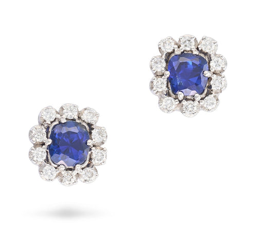 Royal Blue Unheated Sapphire & Diamond Cushion Cut Earrings 18K White Gold