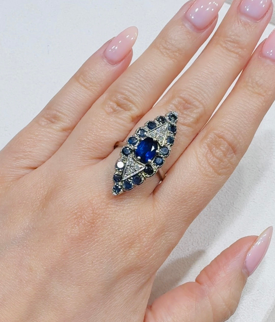 Blue Sapphire & Diamond Eye Ring in 18K White Gold