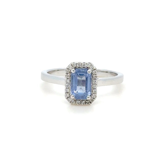 Emerald Cut Blue Sapphire & Diamond Halo Ring 18K White Gold