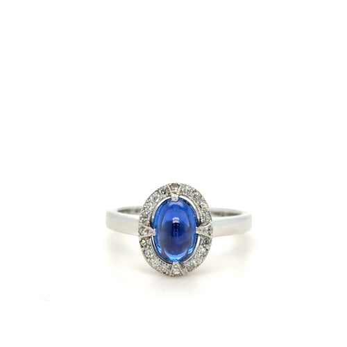 2.90 Carat Ceylon Cabochon Sapphire & Diamond Ring 18k White Gold