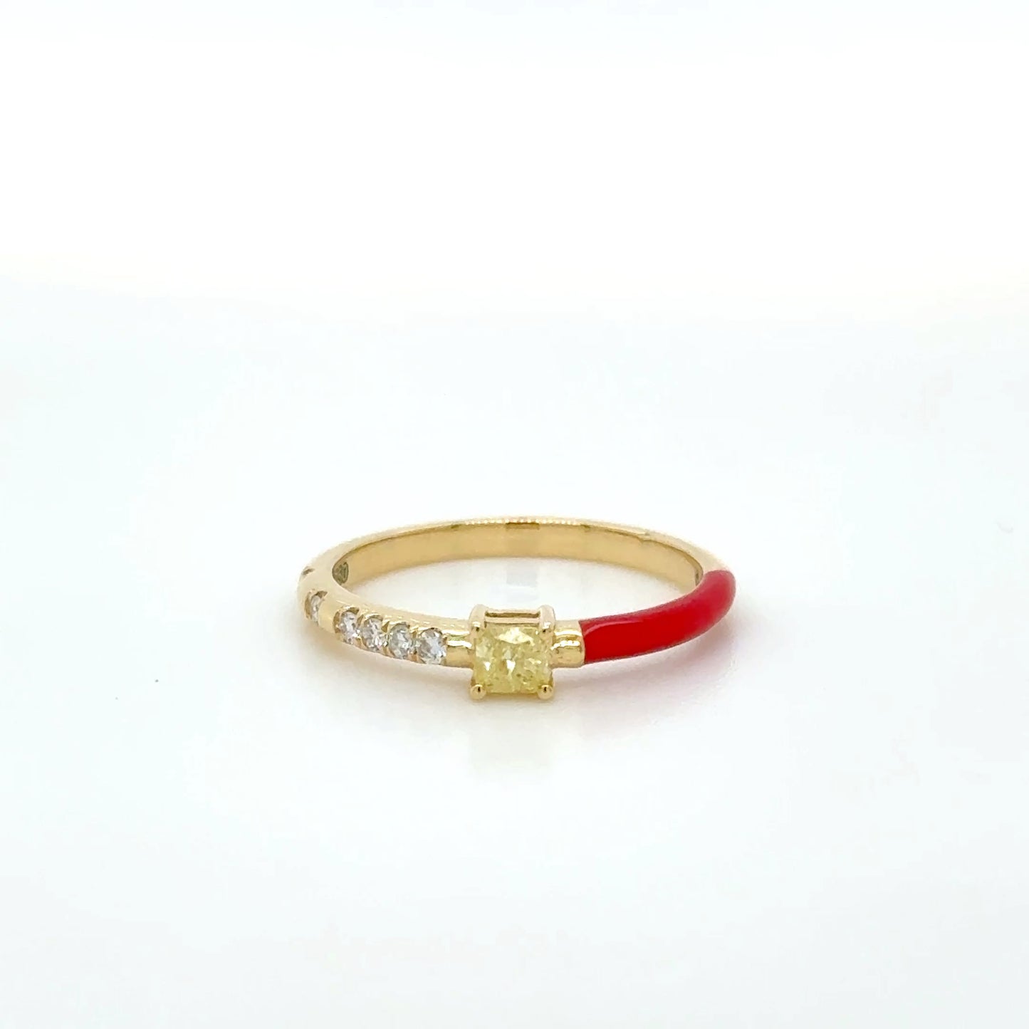 Red Enamel & Yellow diamond Stackable Ring 18K Yellow Gold
