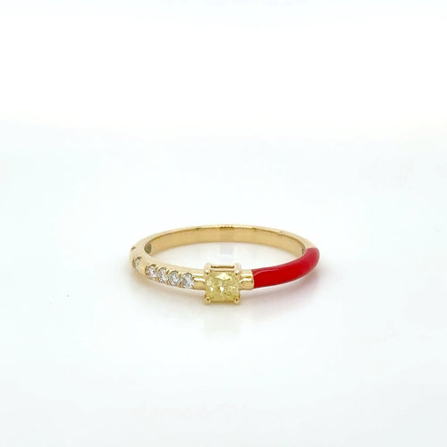 Red Enamel & Yellow diamond Stackable Ring 18K Yellow Gold