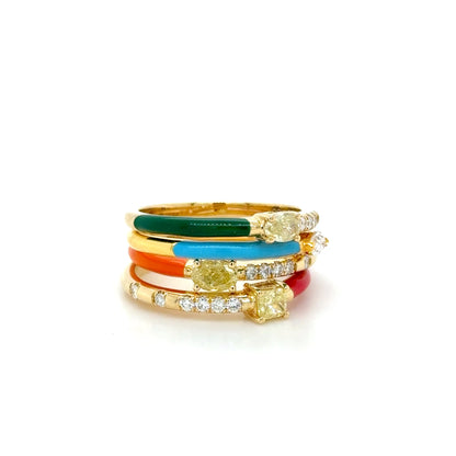 Green Enamel & Yellow Diamond stackable Ring 18K Yellow Gold