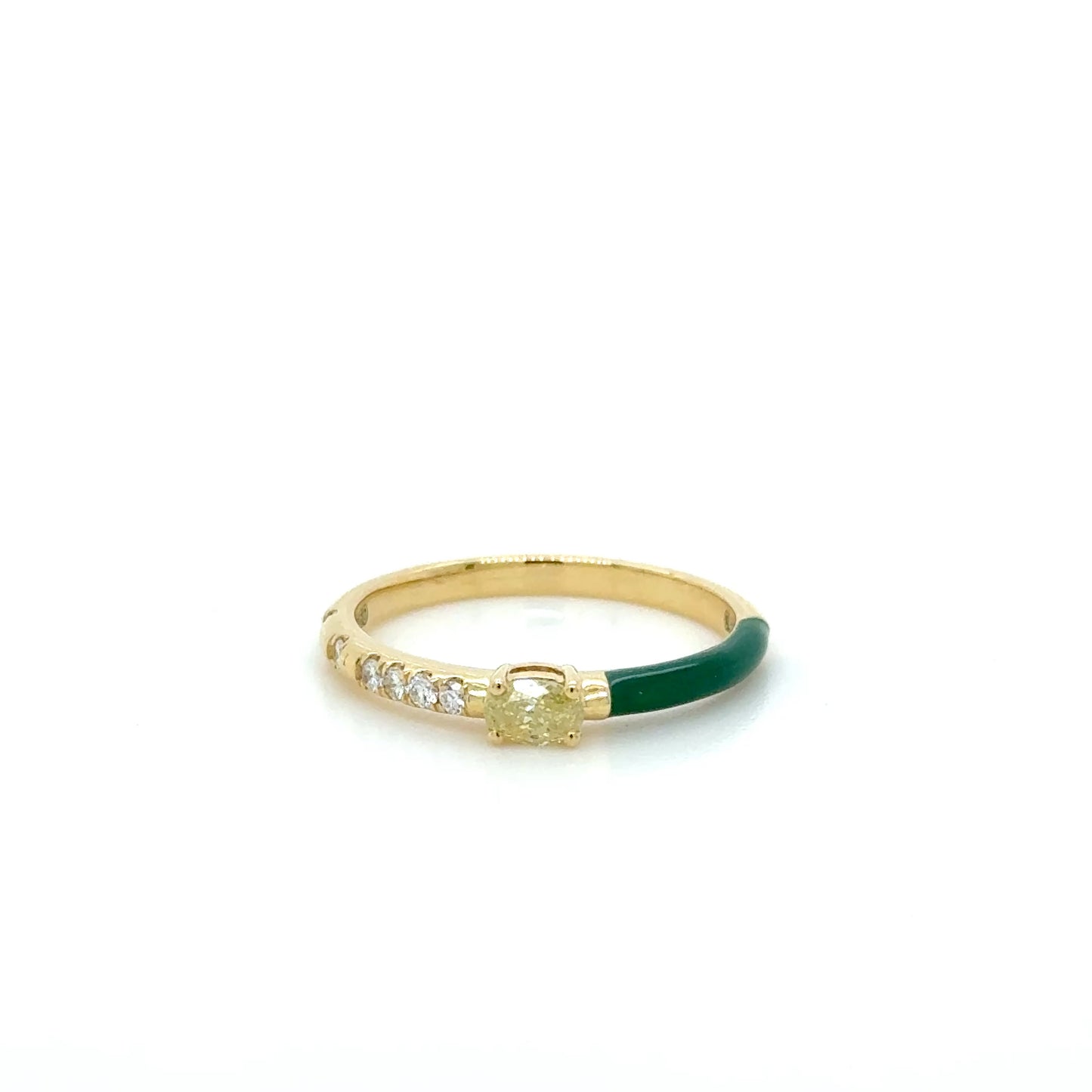 Green Enamel & Yellow Diamond stackable Ring 18K Yellow Gold