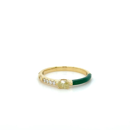 Green Enamel & Yellow Diamond stackable Ring 18K Yellow Gold