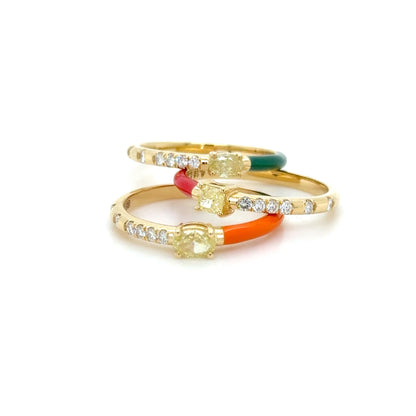 Red Enamel & Yellow diamond Stackable Ring 18K Yellow Gold