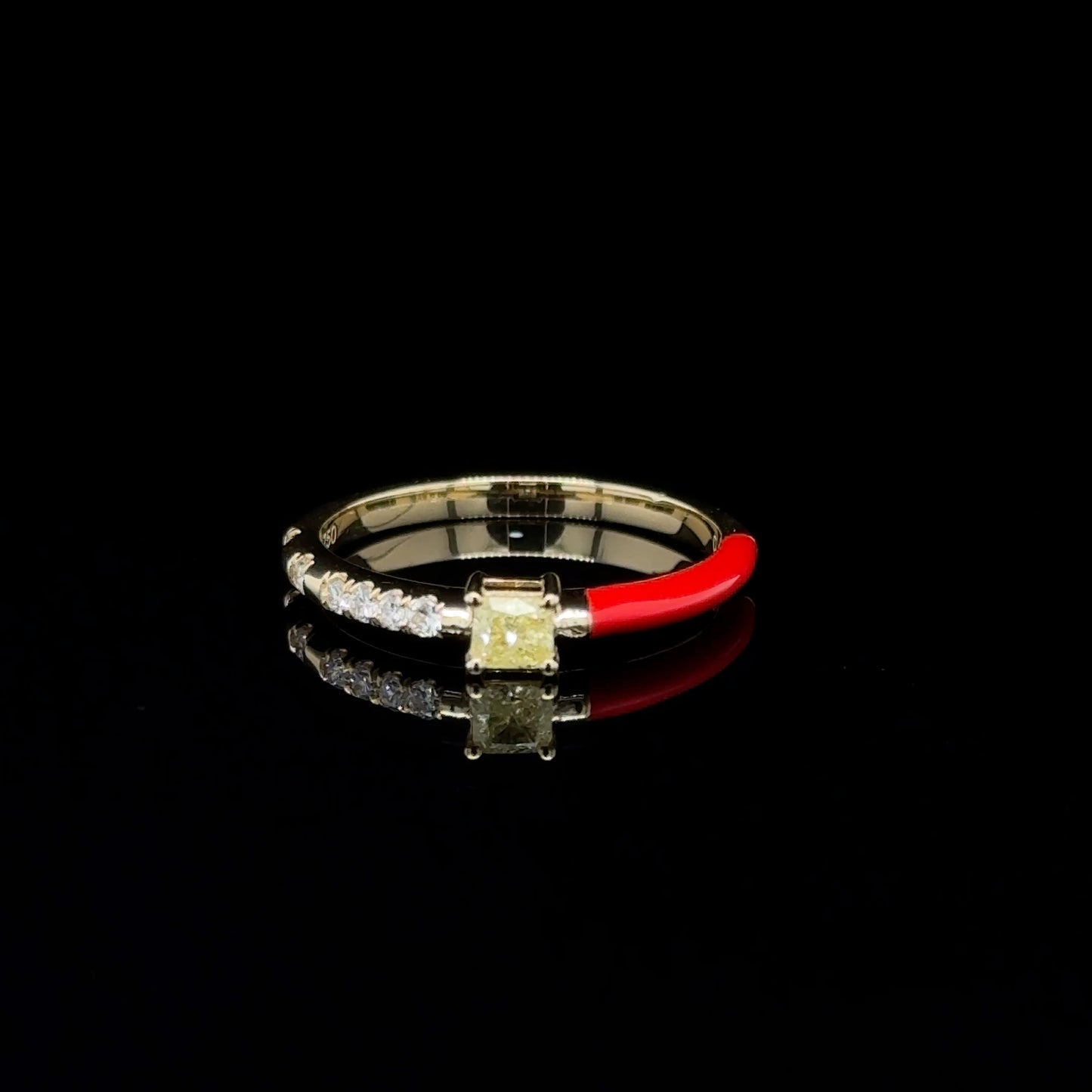 Red Enamel & Yellow diamond Stackable Ring 18K Yellow Gold