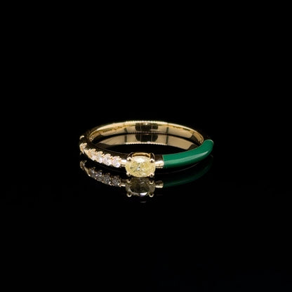 Green Enamel & Yellow Diamond stackable Ring 18K Yellow Gold