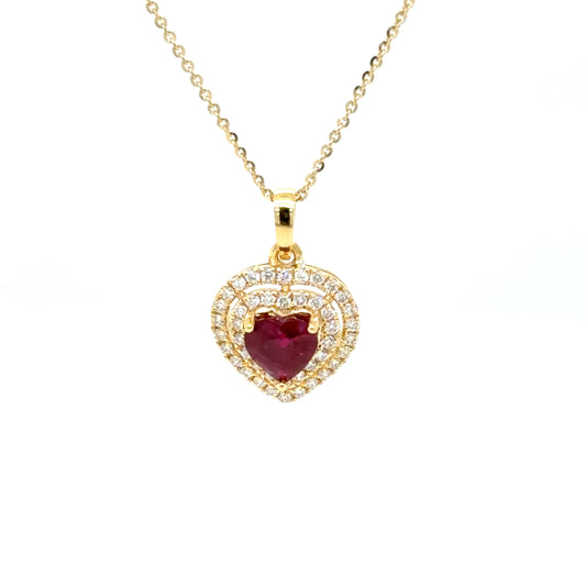 1.05 Carat Ruby & Diamond Heart Necklace 18K Yellow Gold