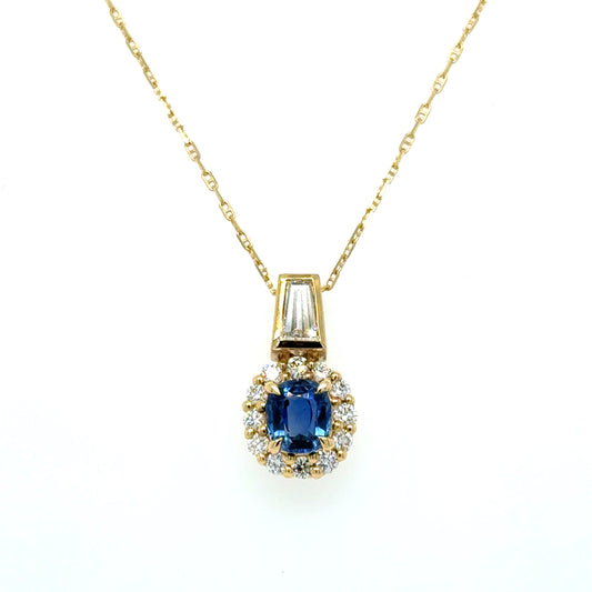 Ceylon Sapphire & Baguette Diamond Pendant Necklace 18K Yellow Gold