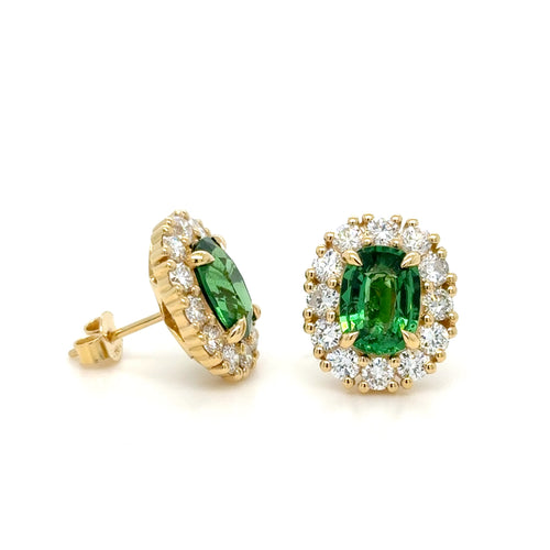 4.12 Carats Tanzanian Tsavorite & Diamond Cluster Earrings in 18K Yellow Gold