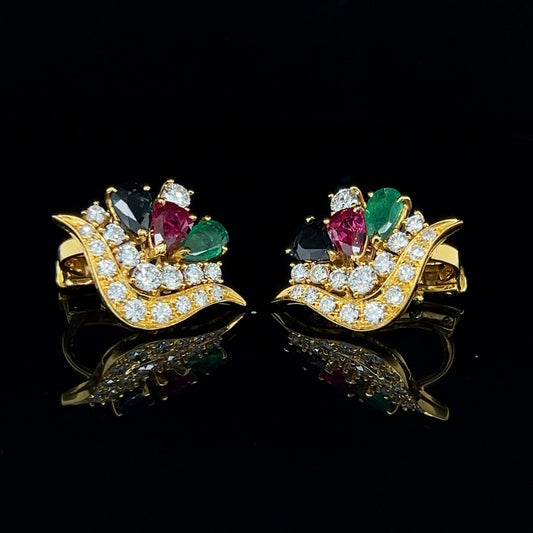 Multicolour Emerald, Ruby, Sapphire & Diamond Cluster Earrings 18K Yellow Gold